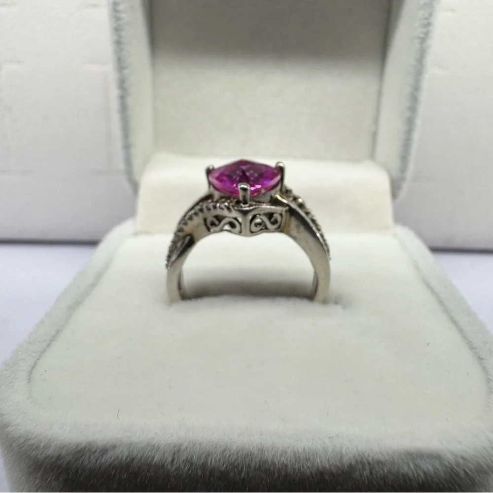 Pink Sapphire & Diamonds & Topaz 925 Sterling Silver Ring Size 5.5